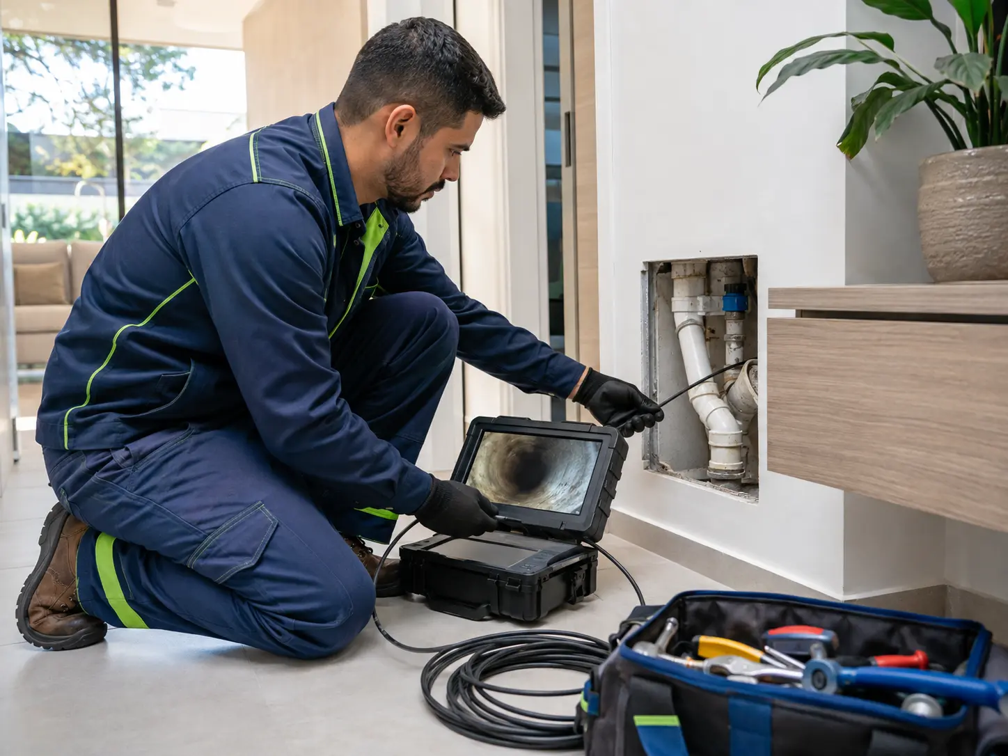 Técnico do Super Desentupidor realizando desentupidora de ralo